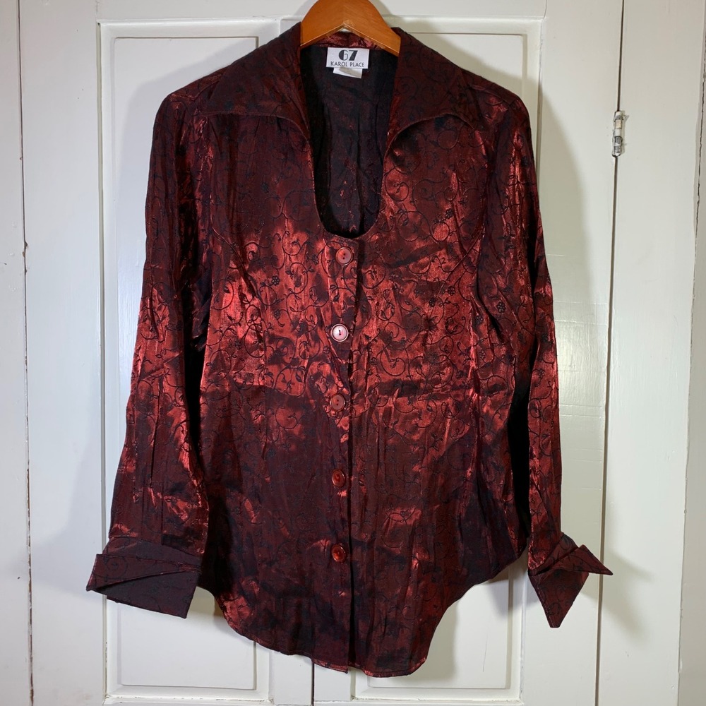 Vintage Karol Place 67 Metallic Red Black Floral Jacquard Blouse Vampy 18 USA